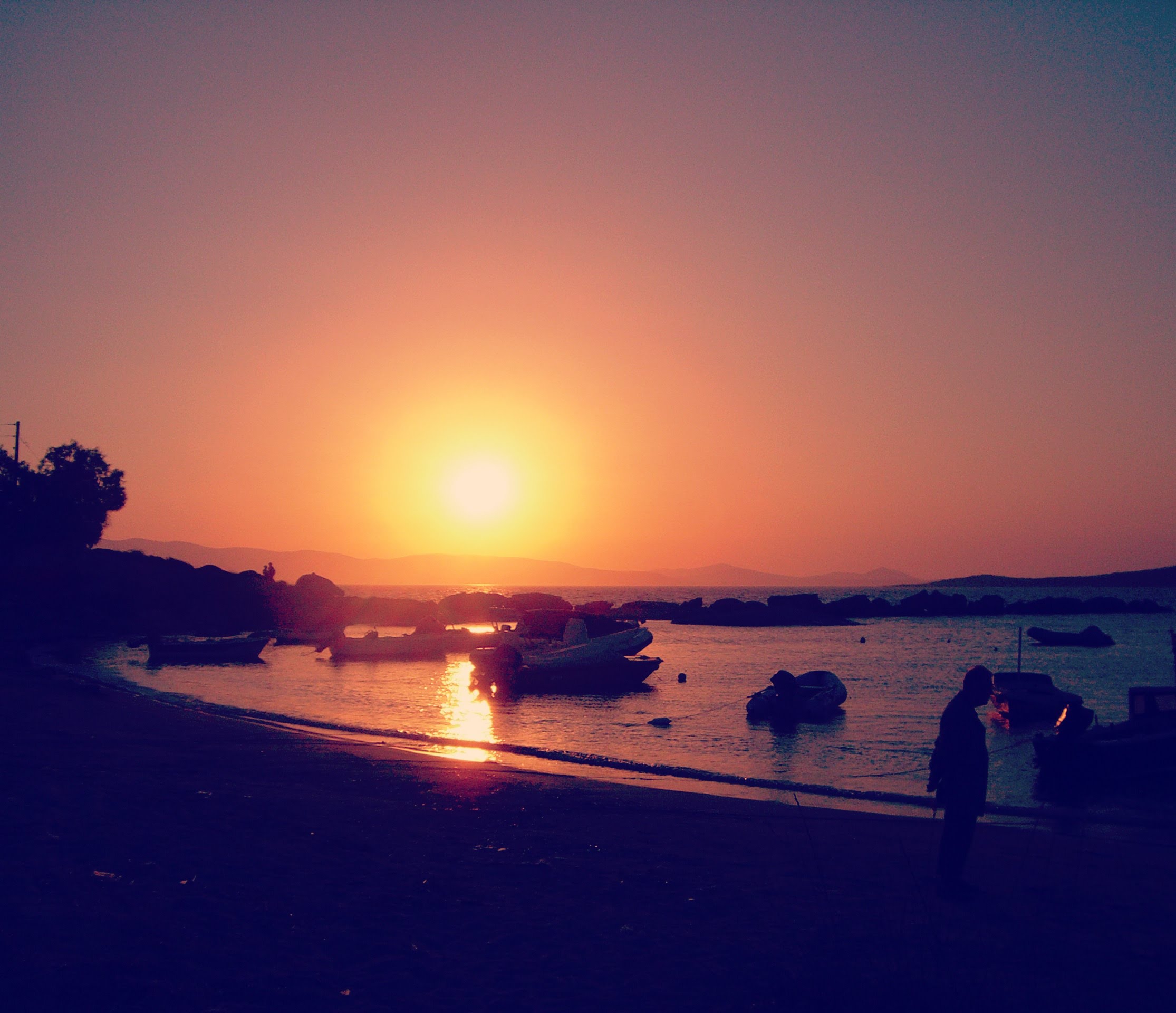 coucher de soleil, Paros, bâteaux