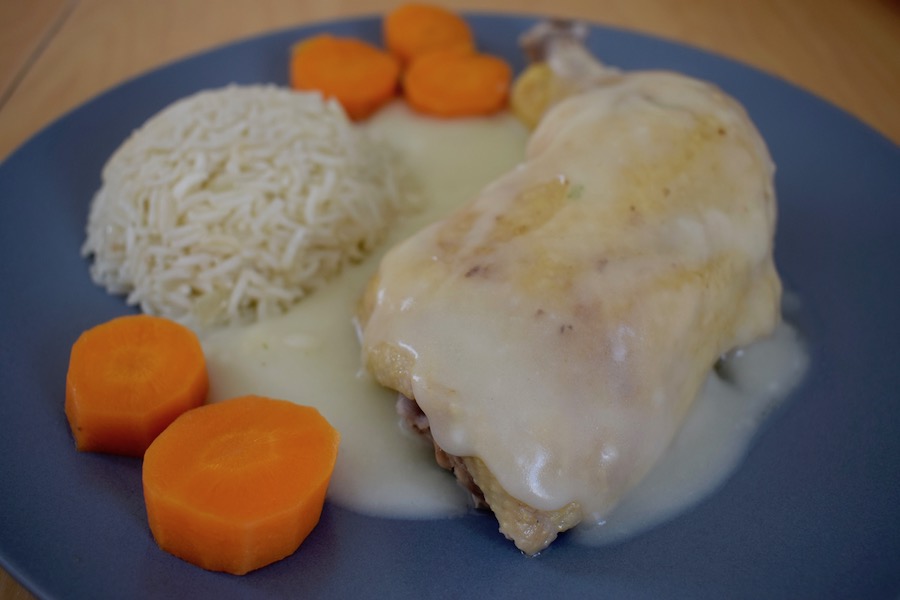 Poularde pochée sauce suprême, riz pilaf (fiche technique n°&nbsp;110)