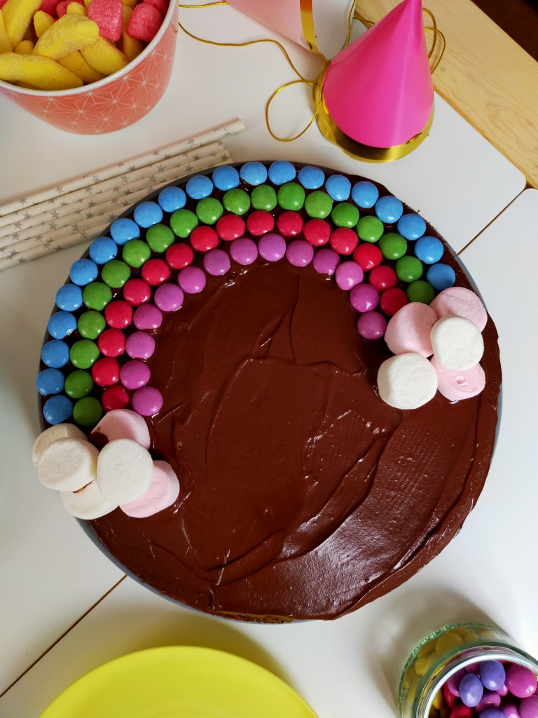 Gâteau arc-en-ciel : fondant choco-caramel, ganache tout chocolat

