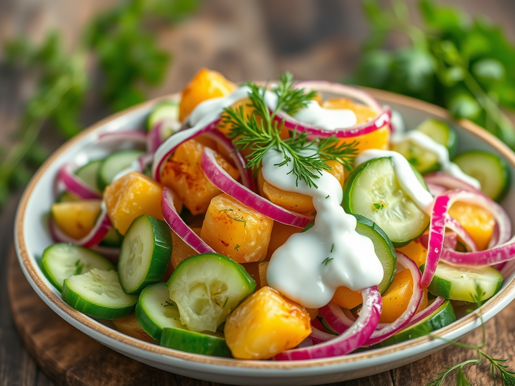 Salade de concombre sauce yaourt servie avec des patates dorées au&nbsp;four